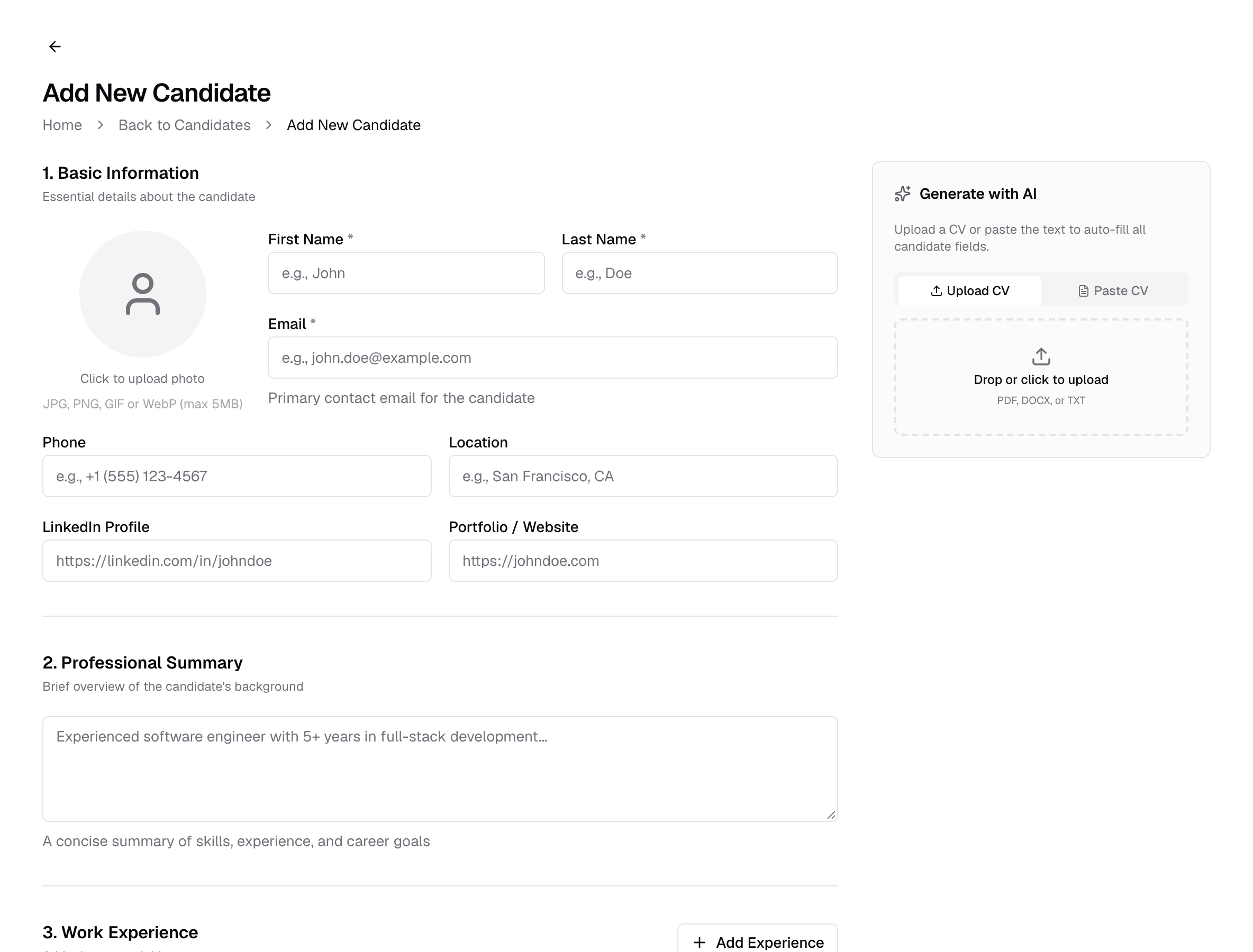 The Add Candidate form