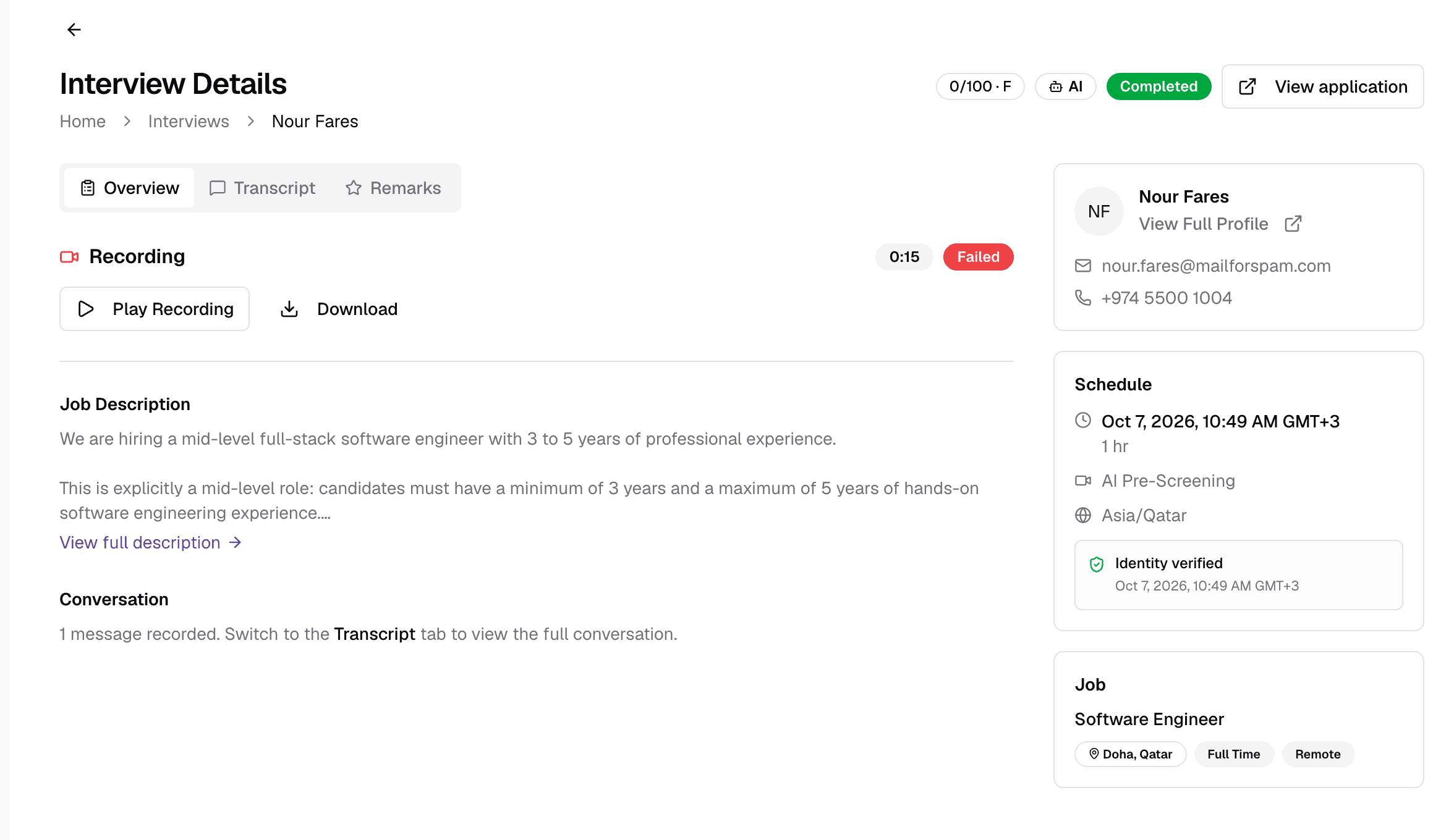 The detail page of a completed AI interview