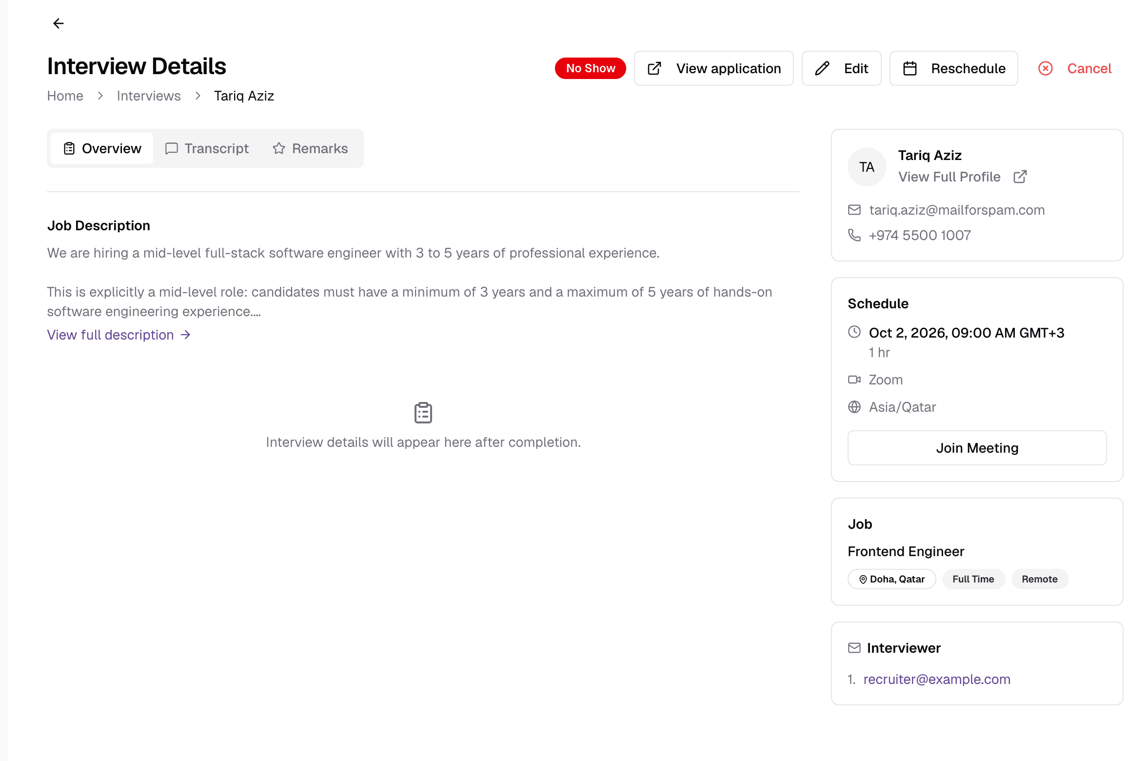 The detail page of a face-to-face Zoom interview