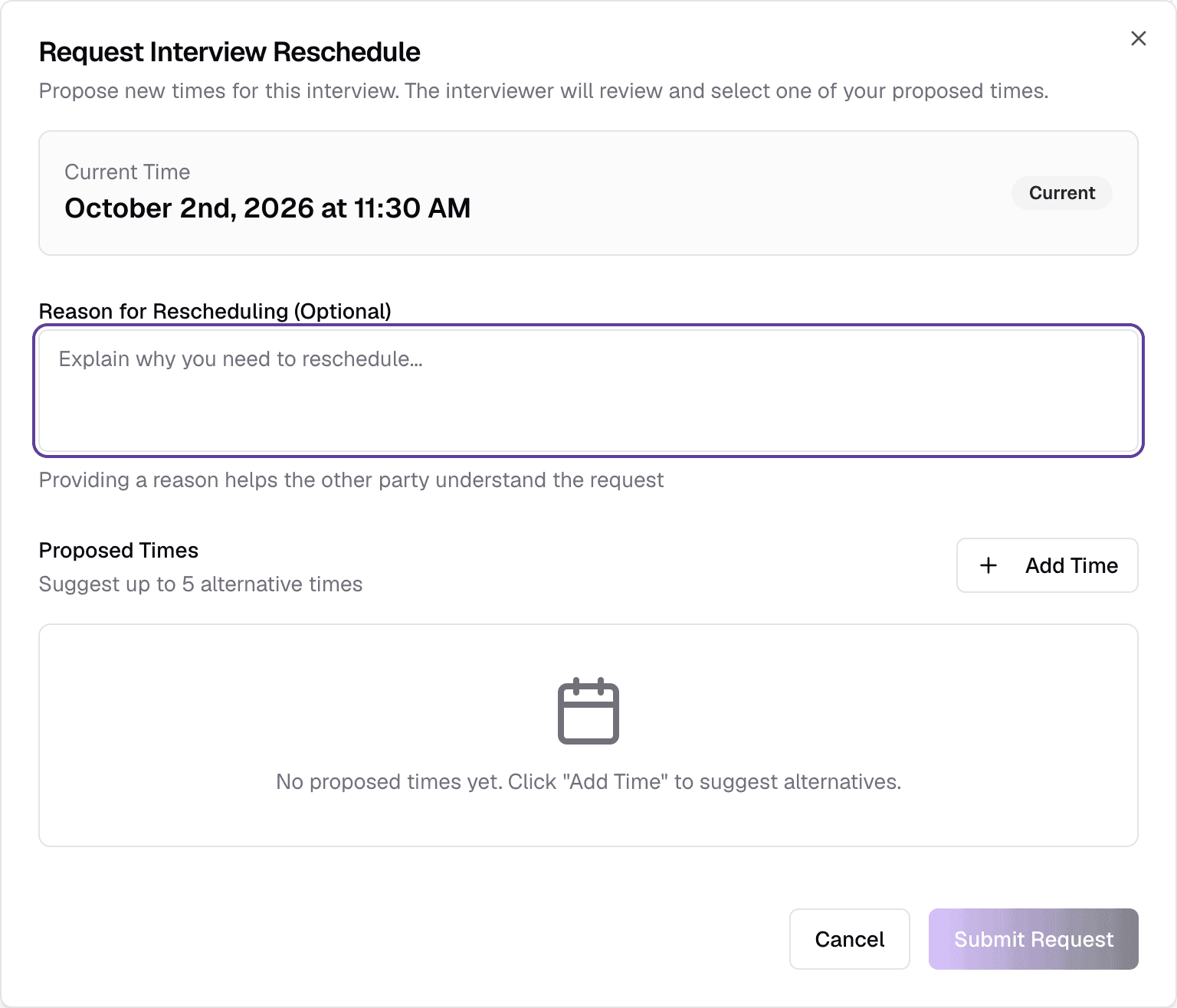 The Request Interview Reschedule dialog