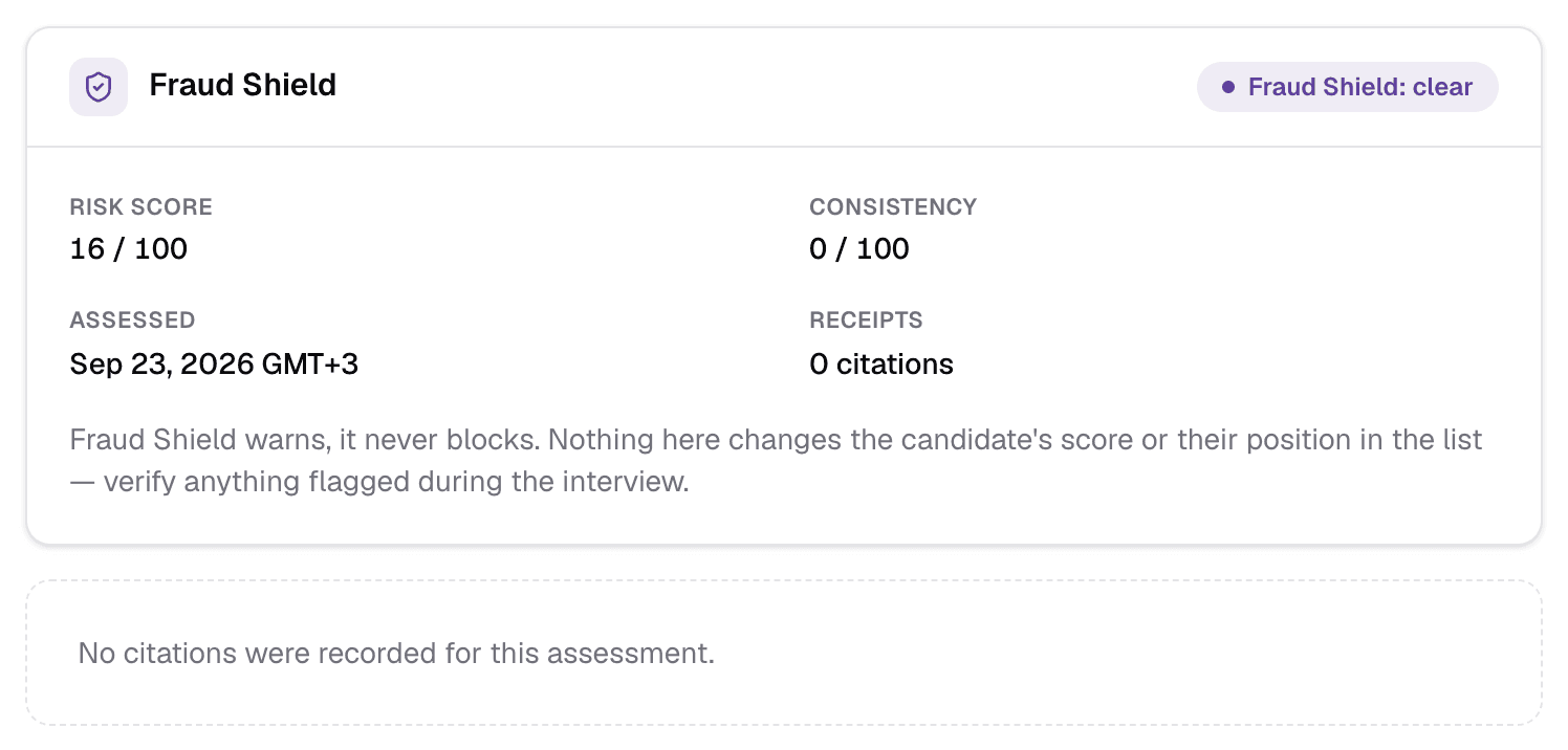 The Fraud Shield tab with risk score and receipts