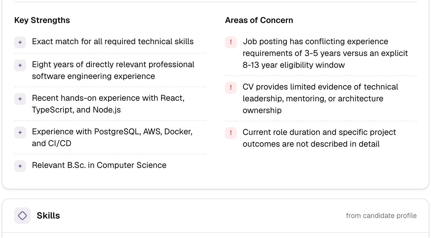 Key strengths, areas of concern and skills from the CV