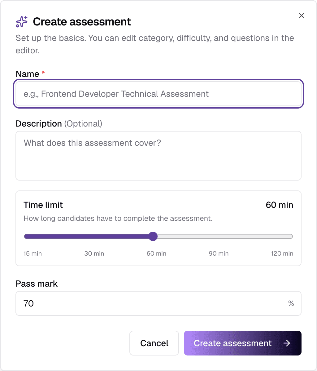 The Create assessment dialog