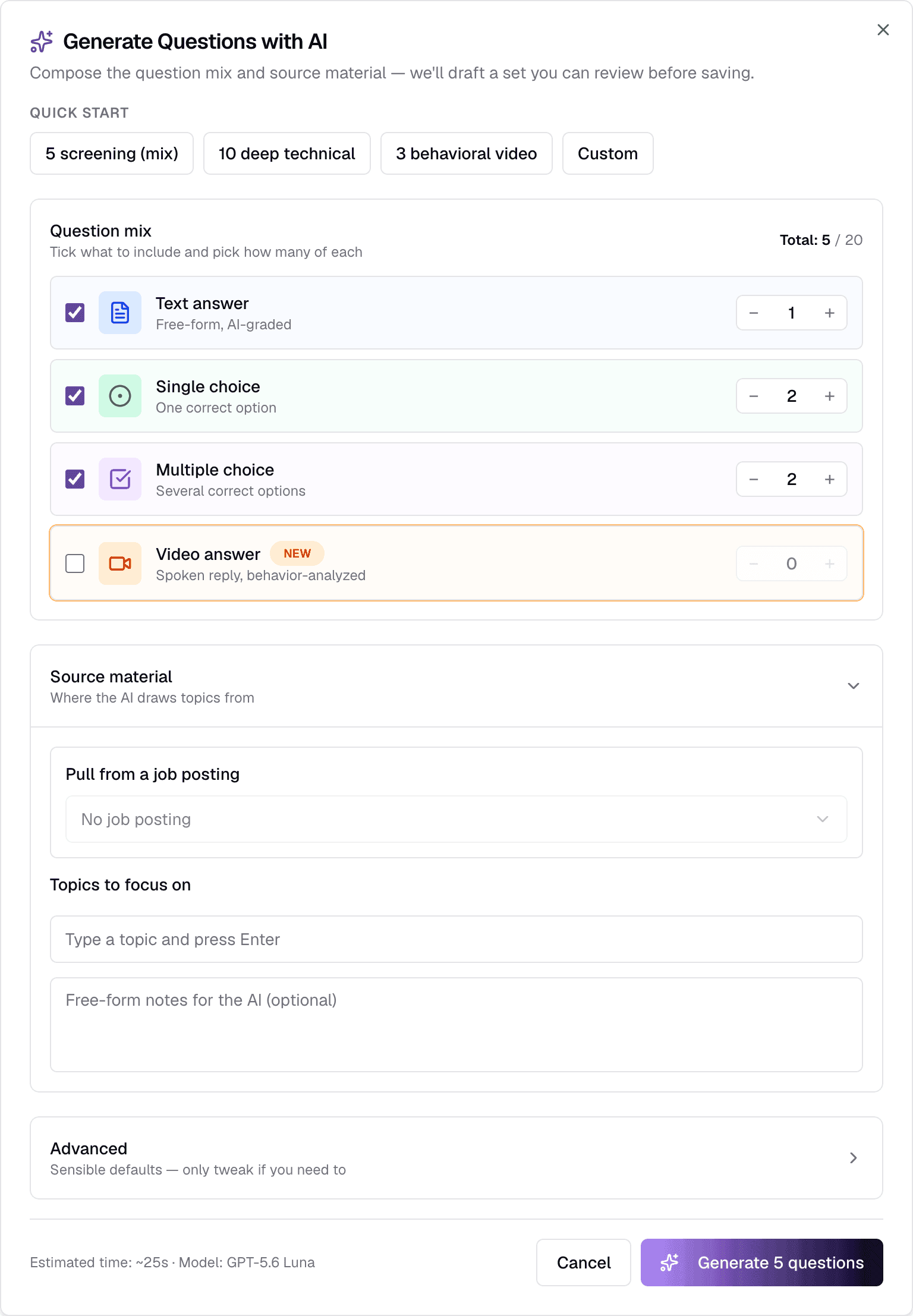 The Generate Questions with AI dialog
