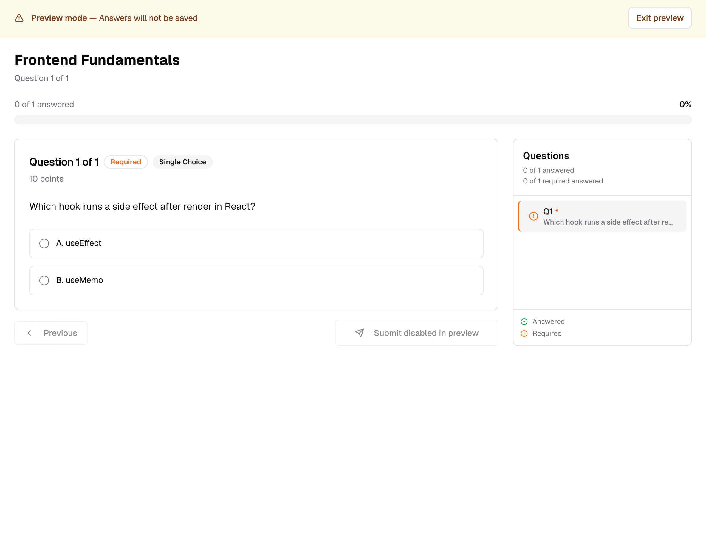 Previewing an assessment as a candidate