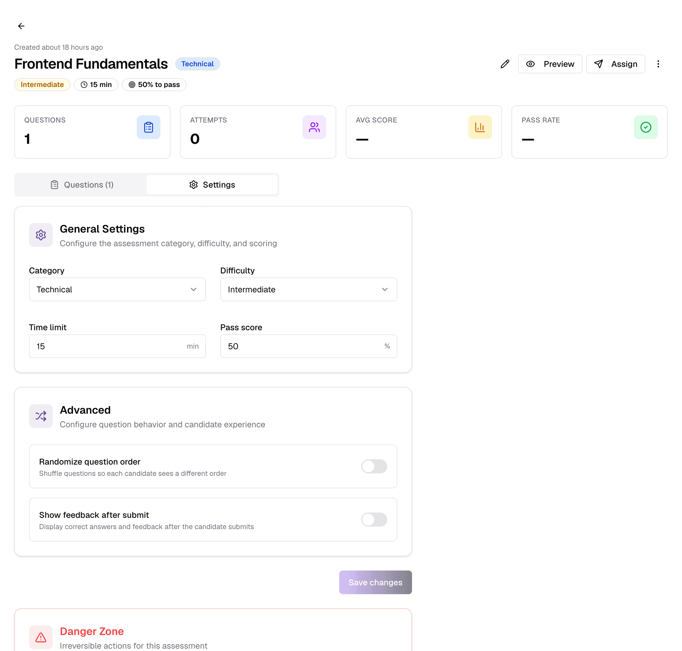 The assessment Settings tab