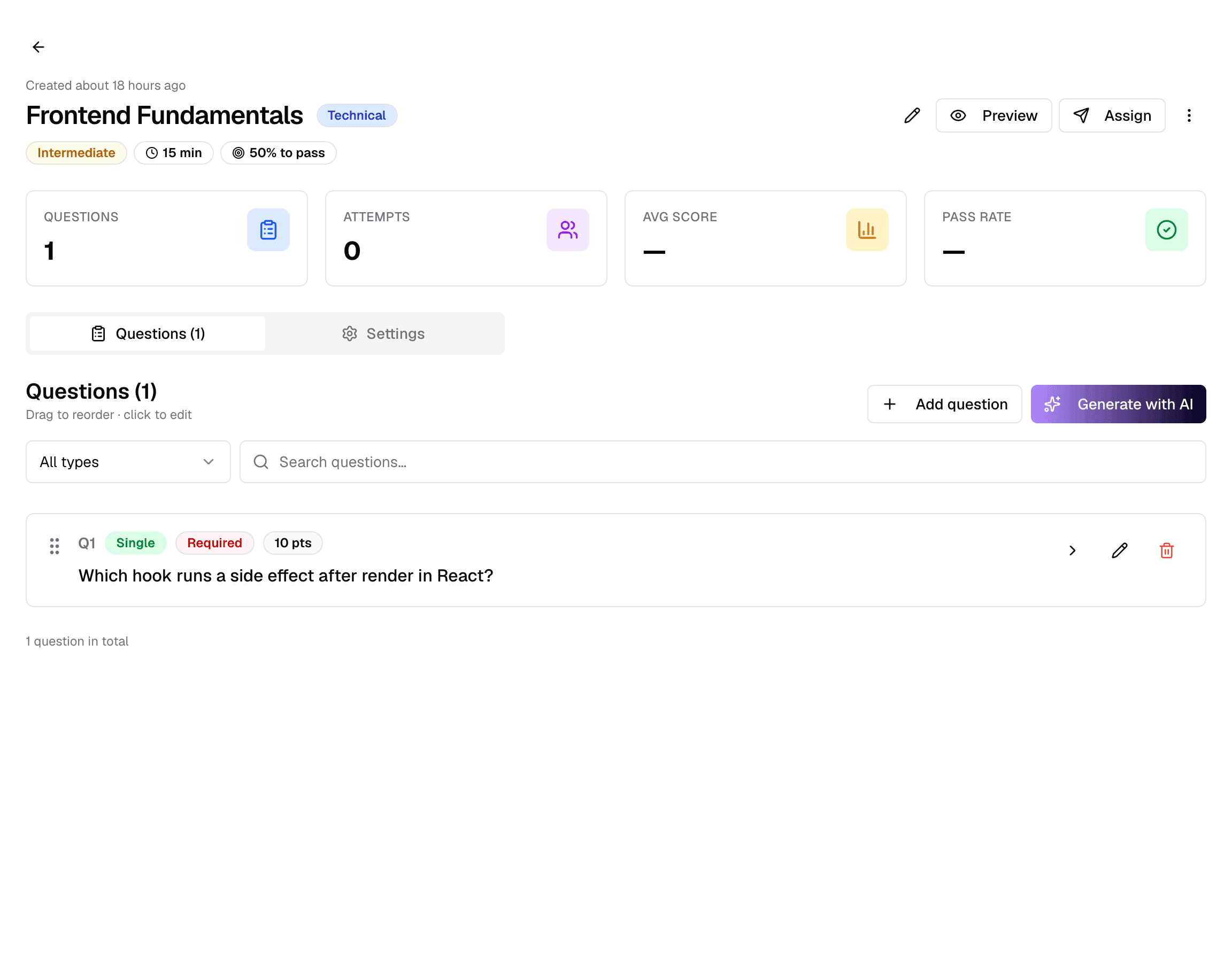 An assessment workspace with its questions