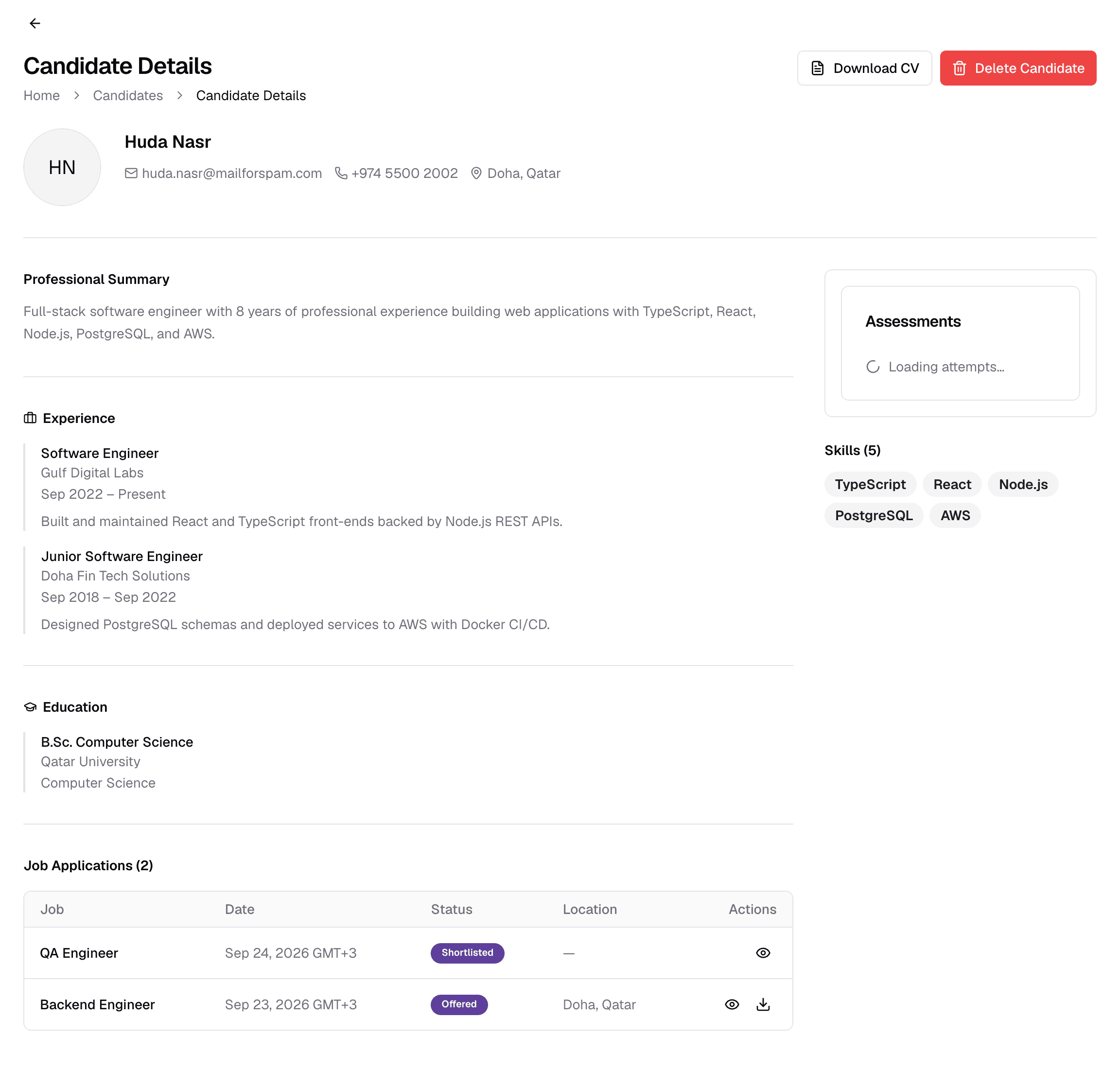 A candidate profile with summary, experience, education, applications, assessments and skills