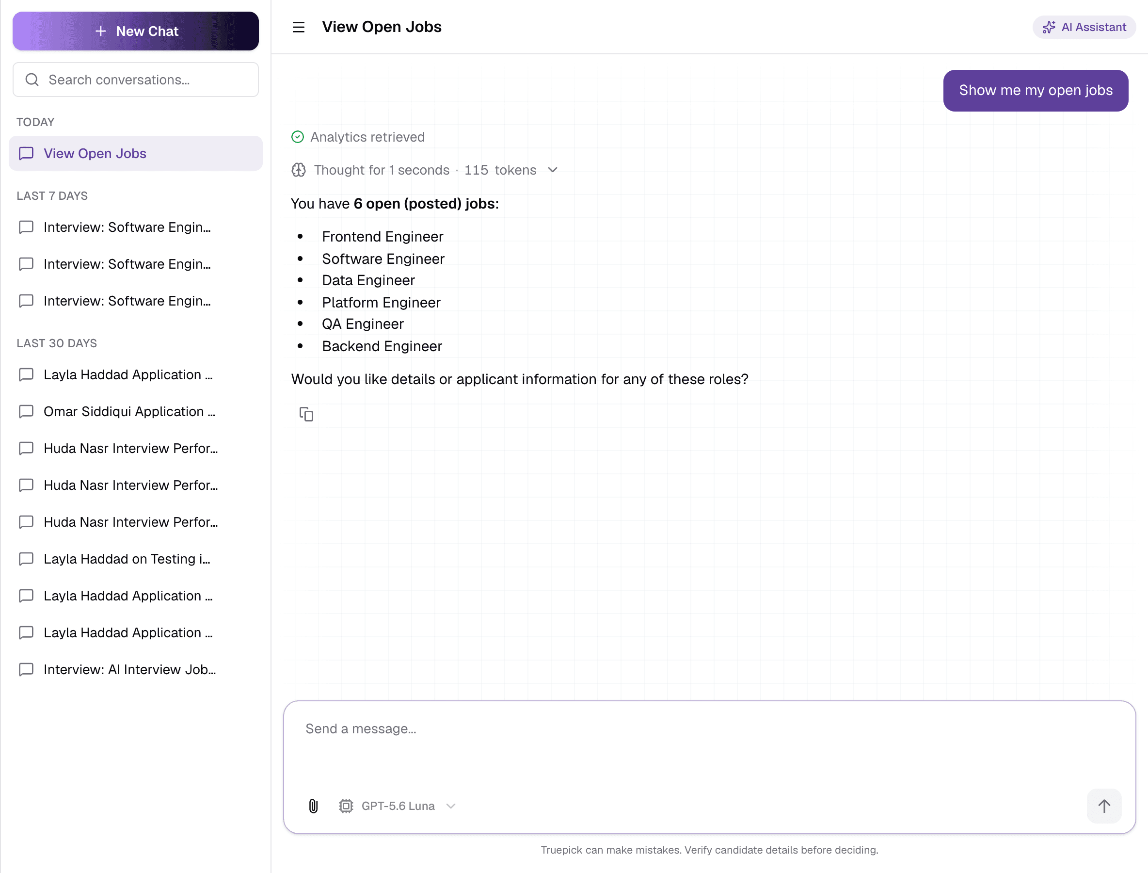 The assistant answering a request to show open jobs