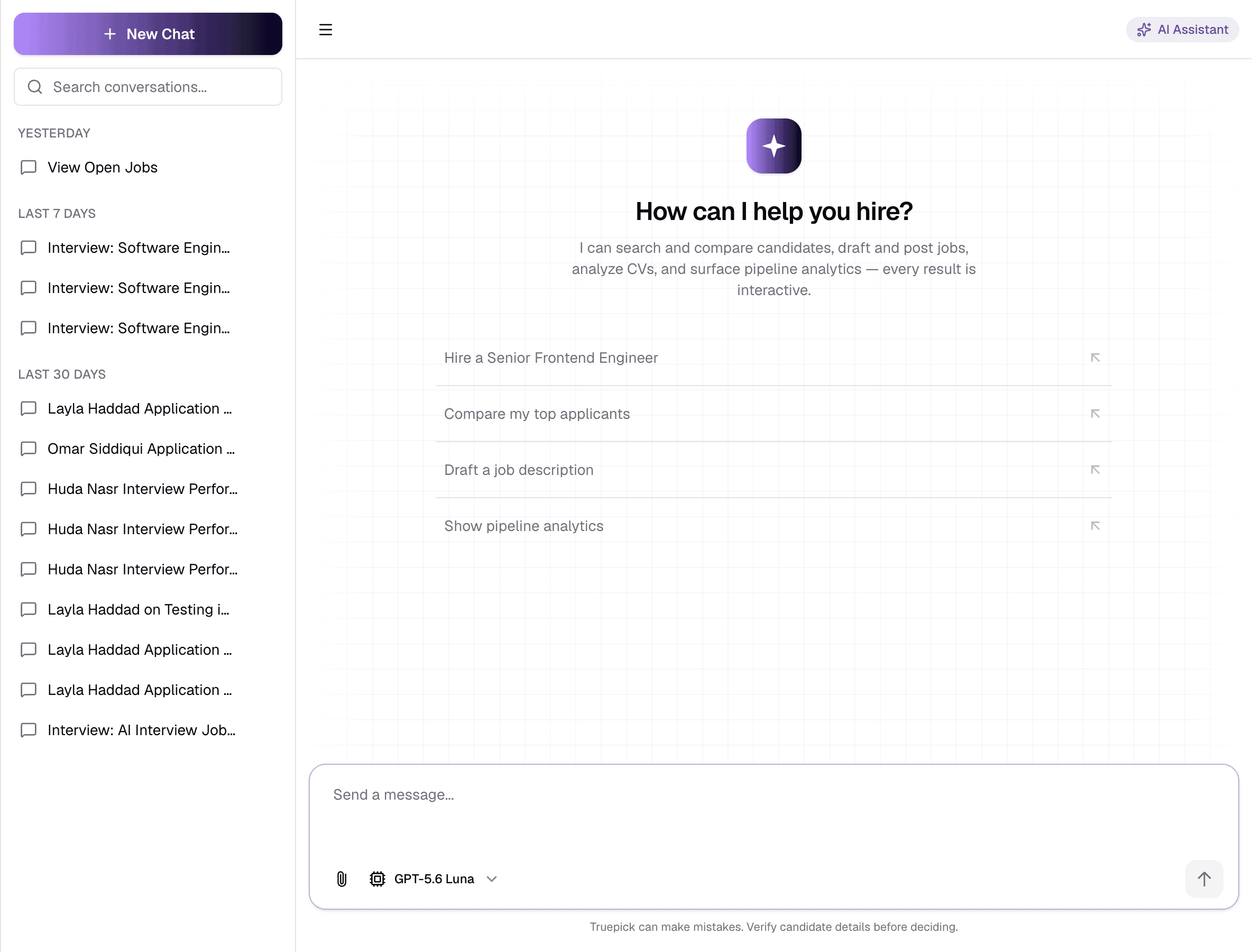 The AI Assistant page with conversation history, greeting, suggested prompts and the message box