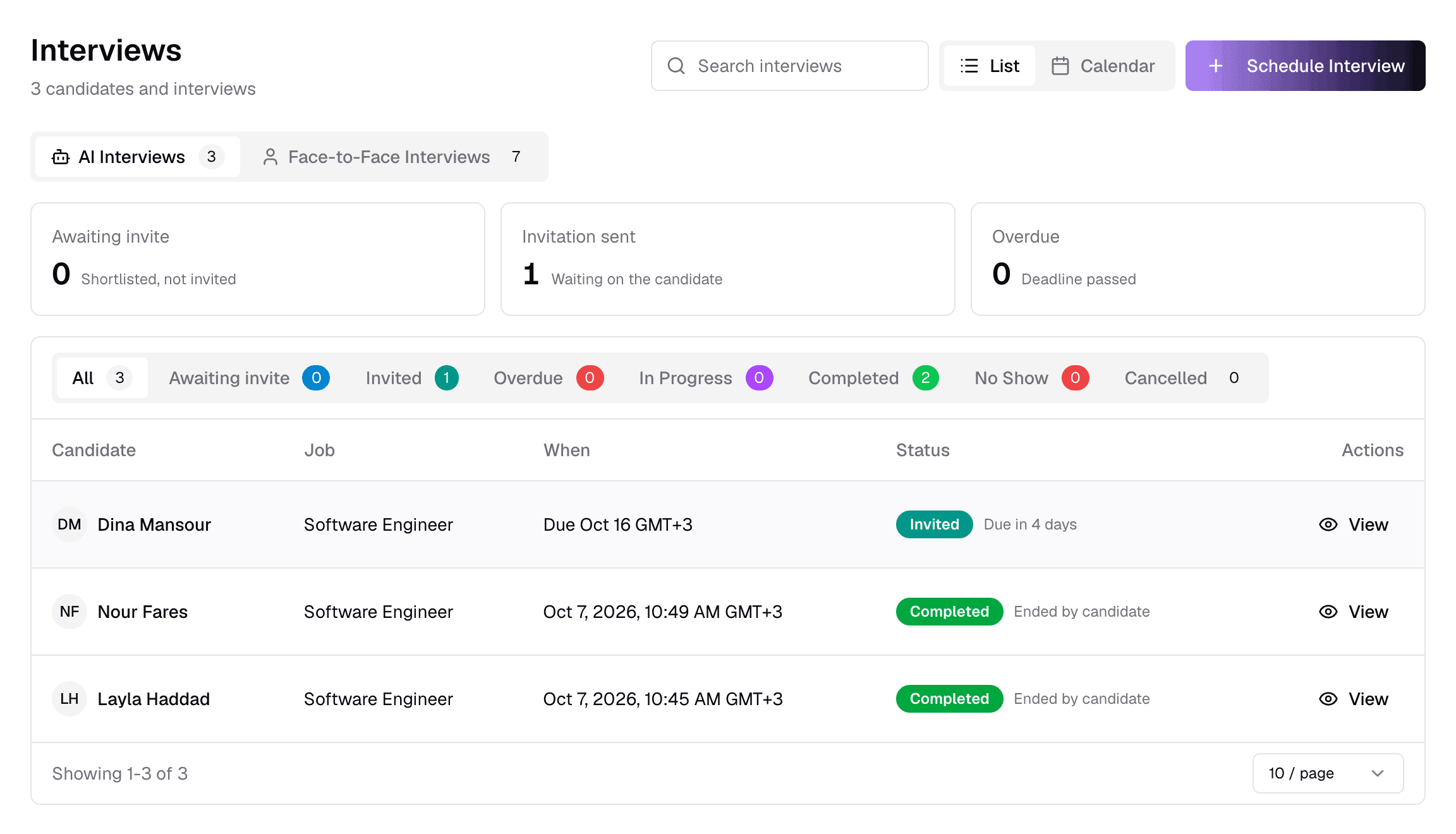 The Interviews page showing AI interviews and invitation status