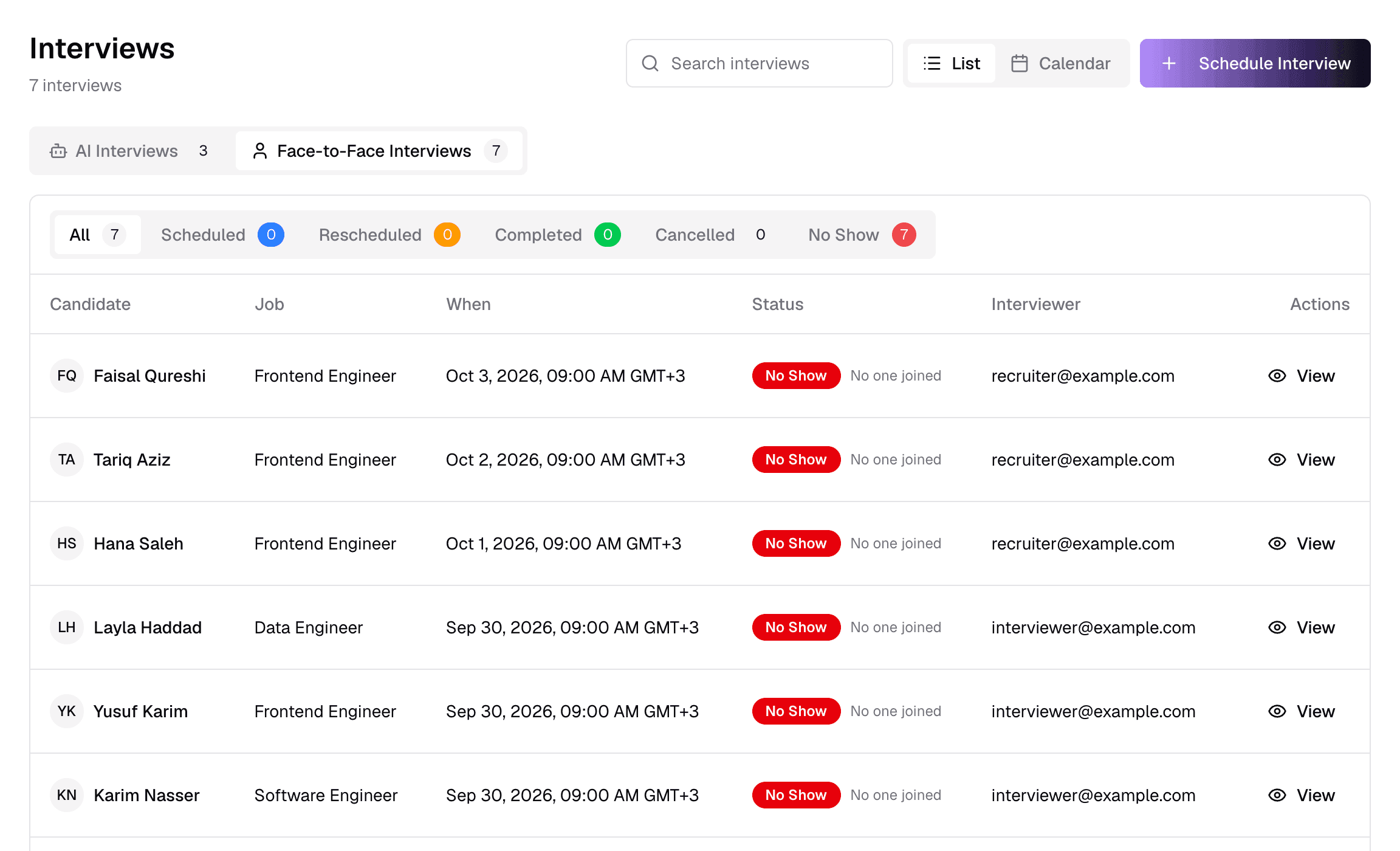 The Interviews page showing face-to-face interviews