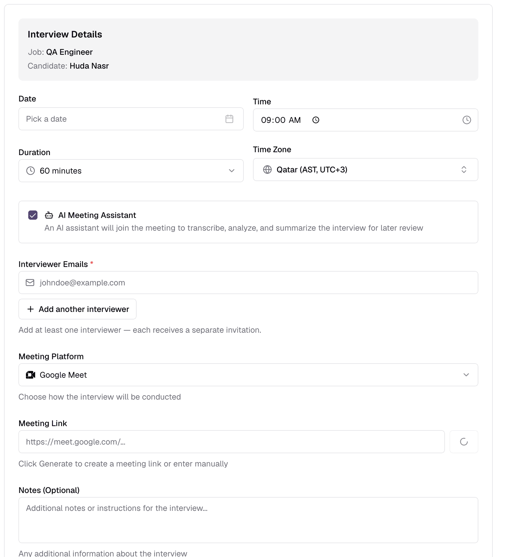 Step two: the interview details form
