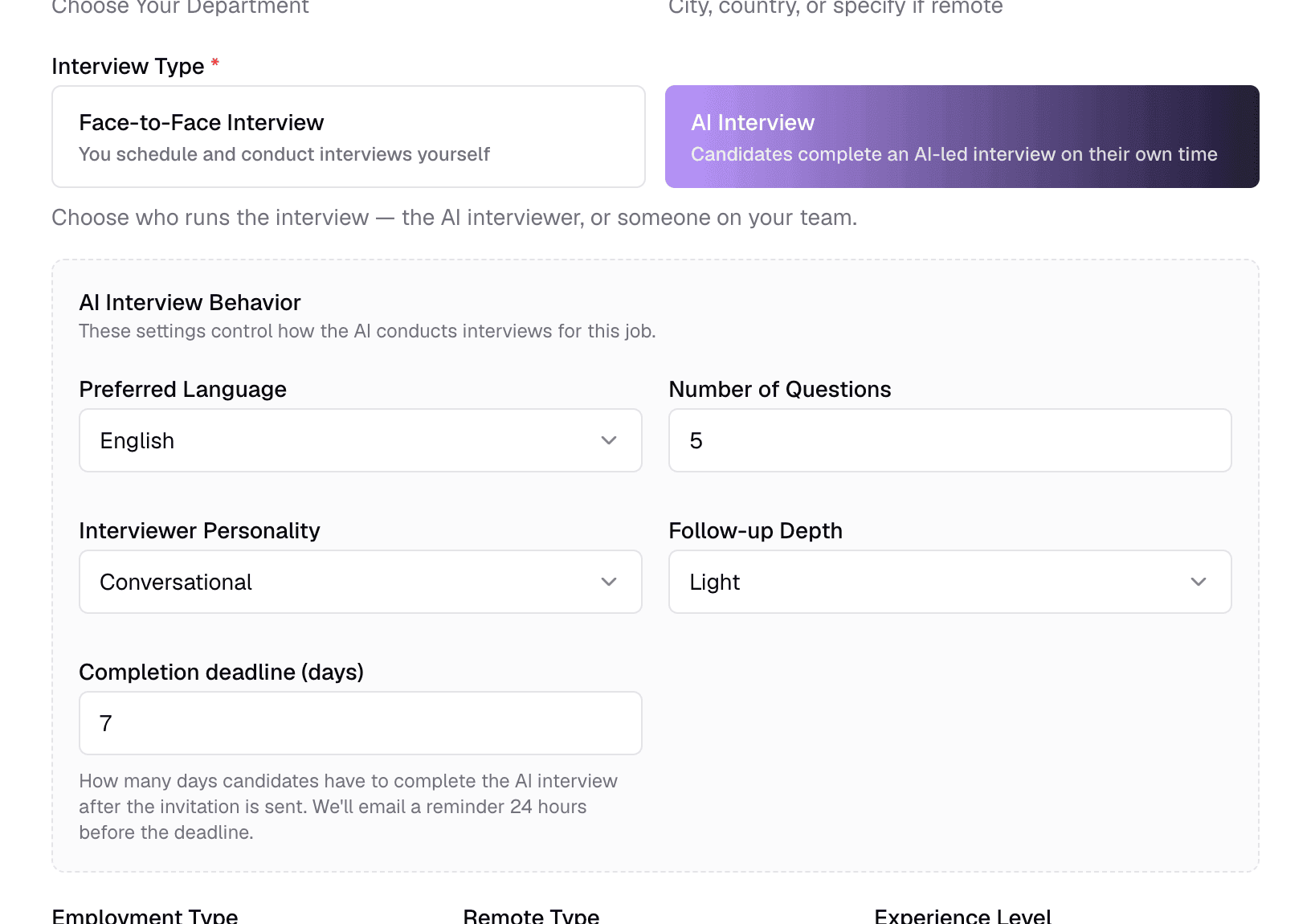 AI Interview Behavior settings shown after choosing AI Interview