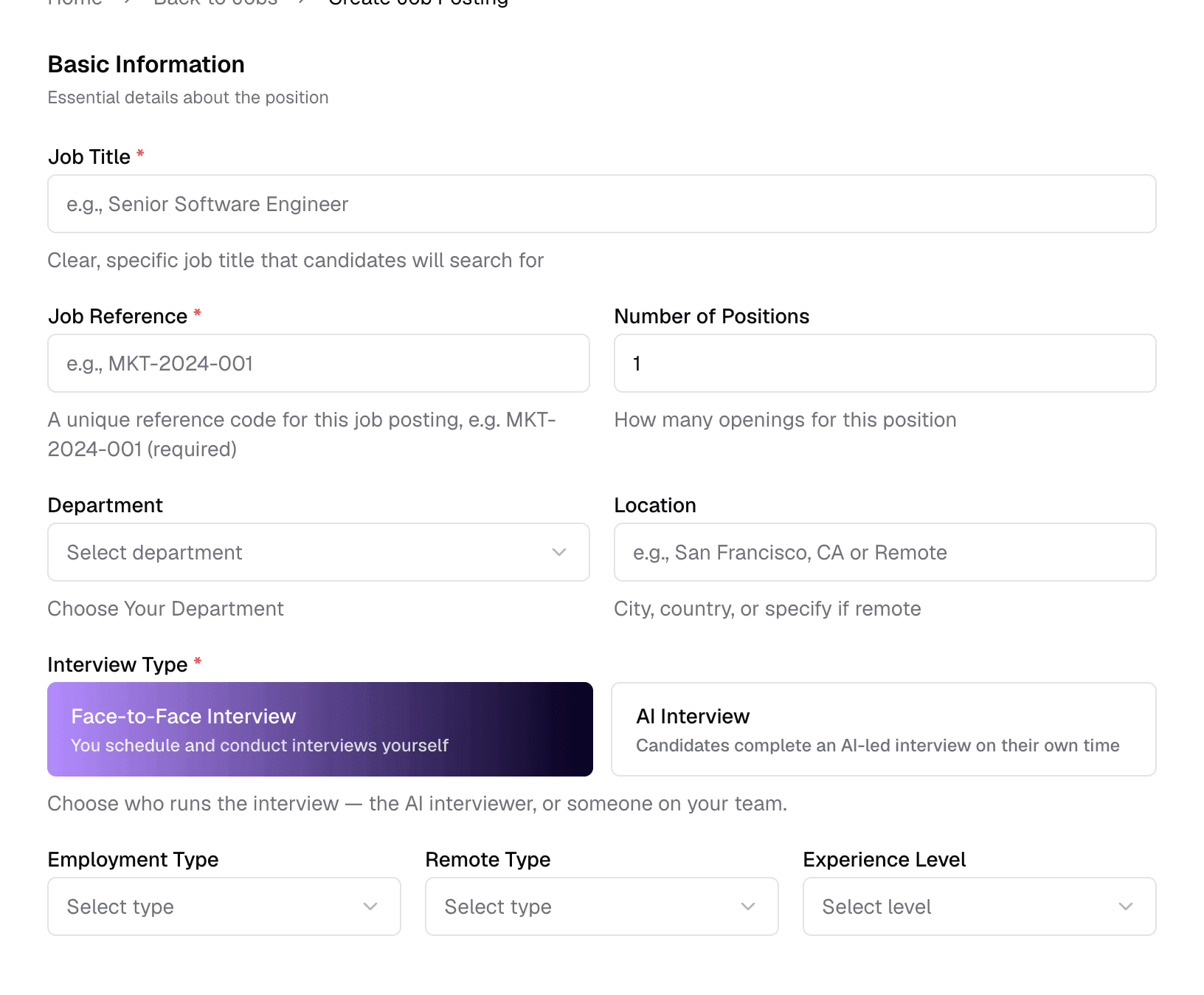 The Basic Information section of the job form