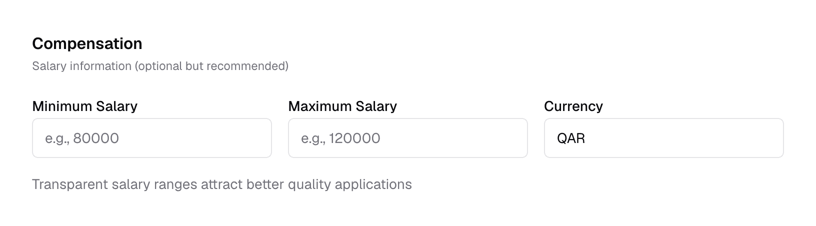 The Compensation section with minimum salary, maximum salary and currency