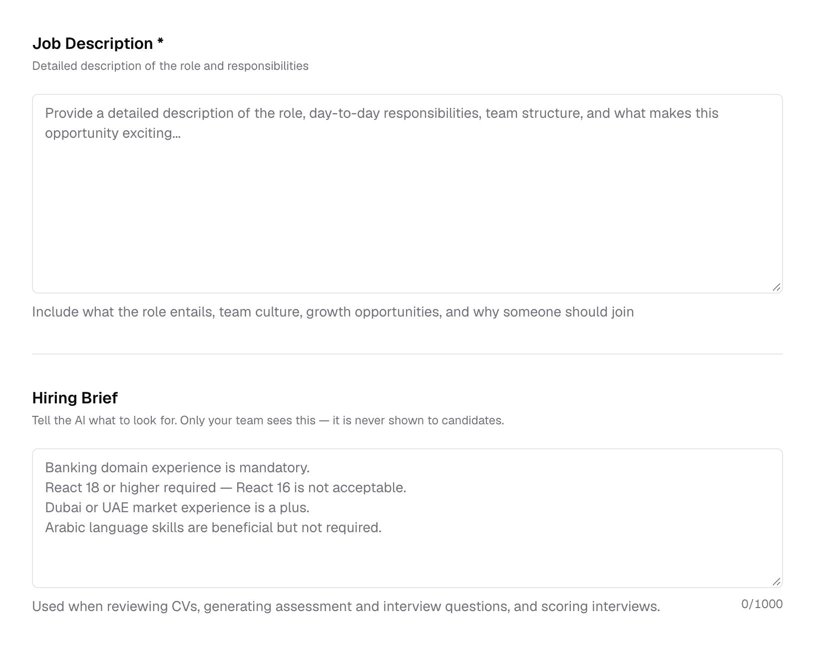 The Job Description and Hiring Brief text areas