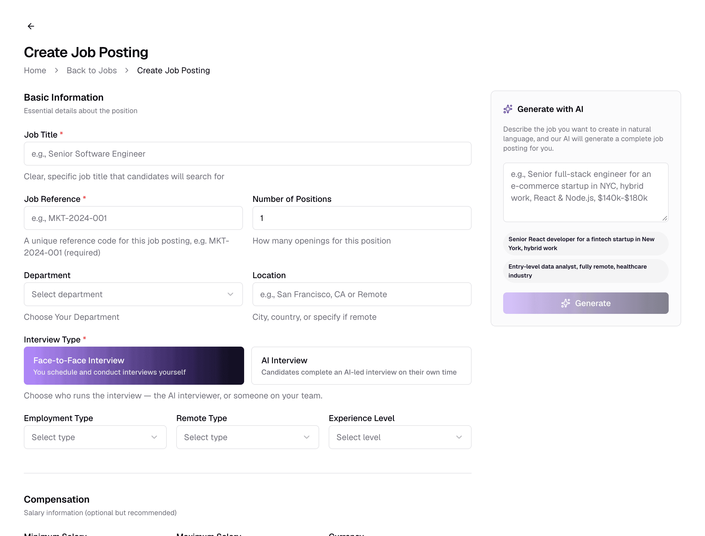 The Create Job Posting page with the form on the left and the Generate with AI panel on the right