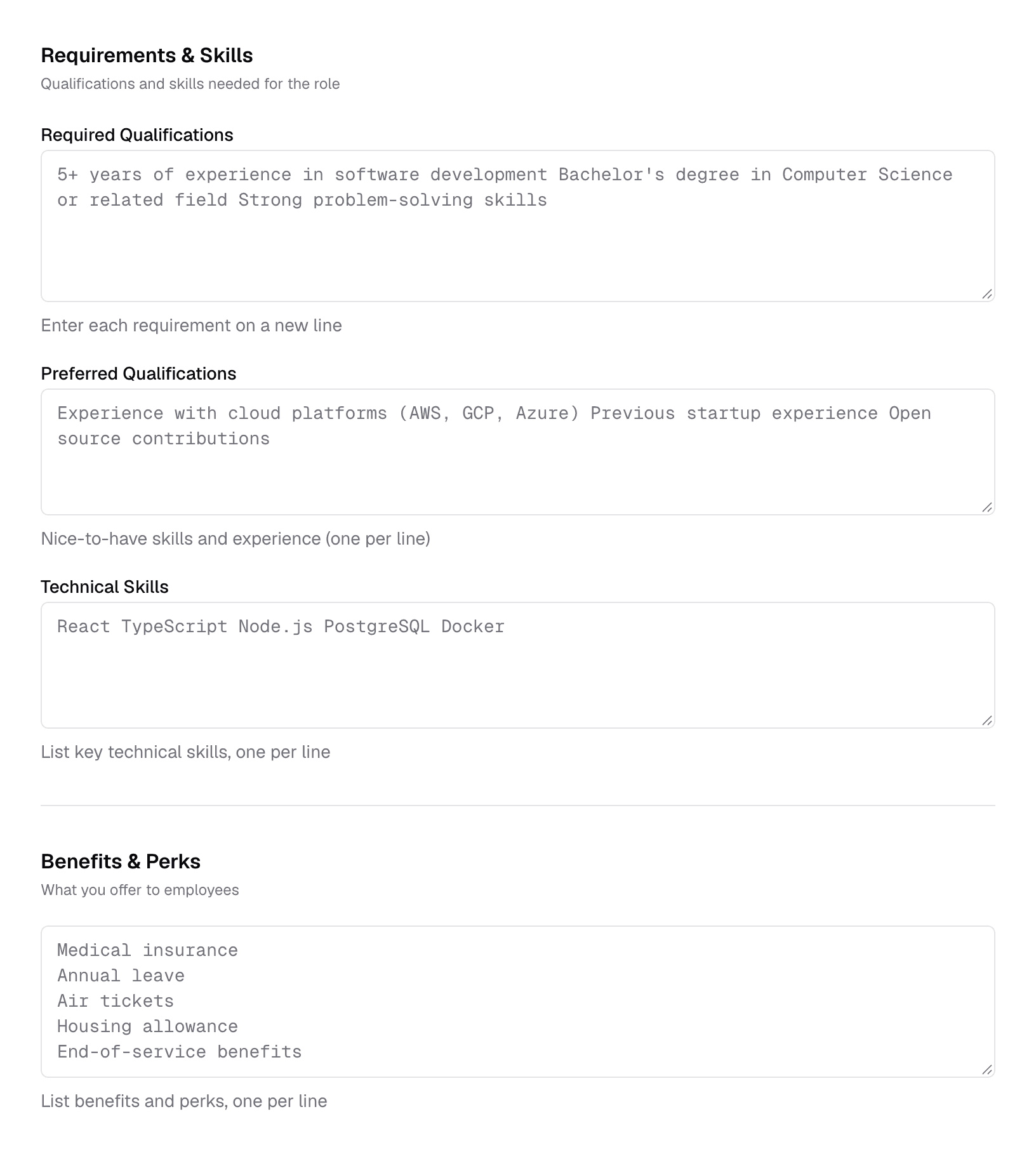 Requirements & Skills and Benefits & Perks sections