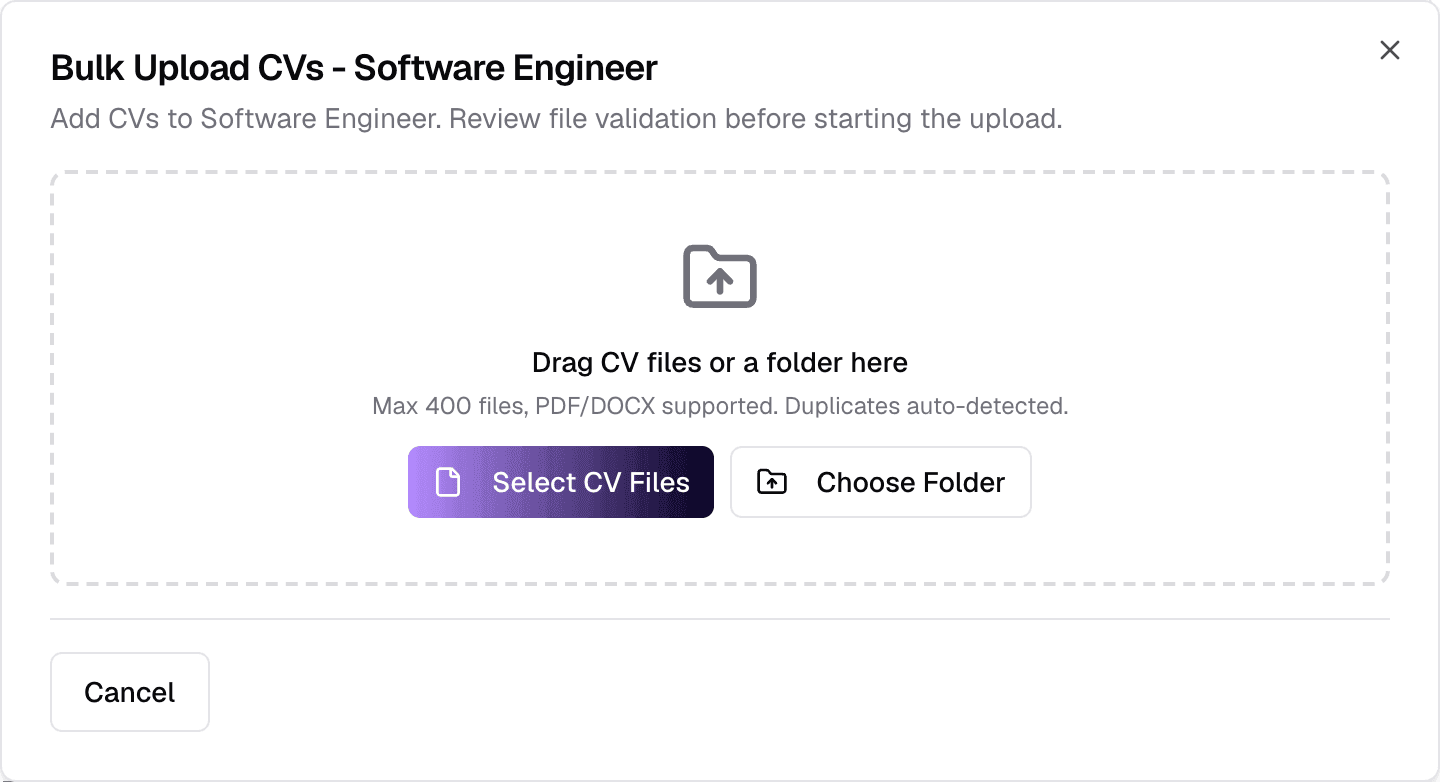 The Bulk Upload CVs dialog