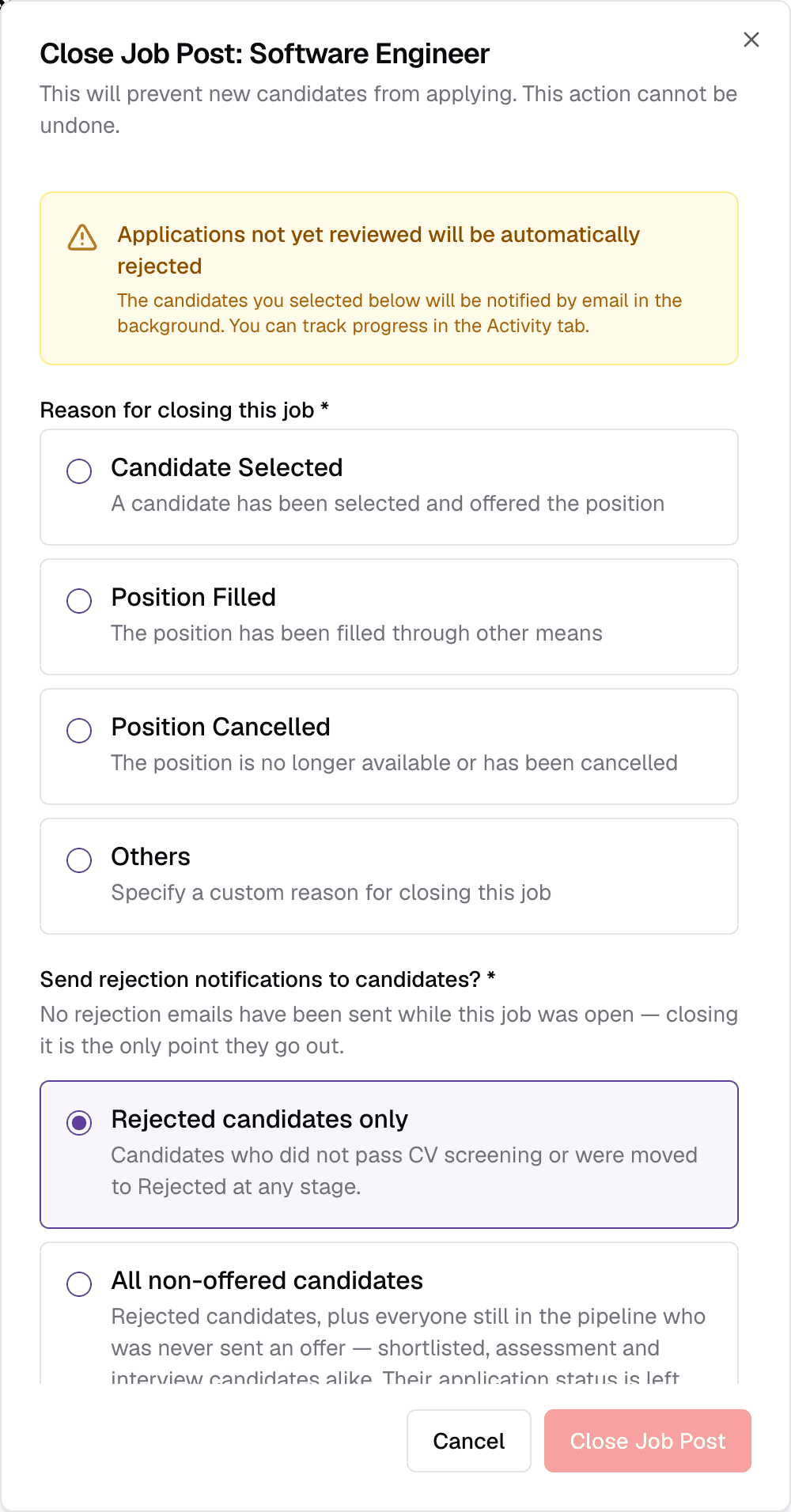 The Close Job Post dialog