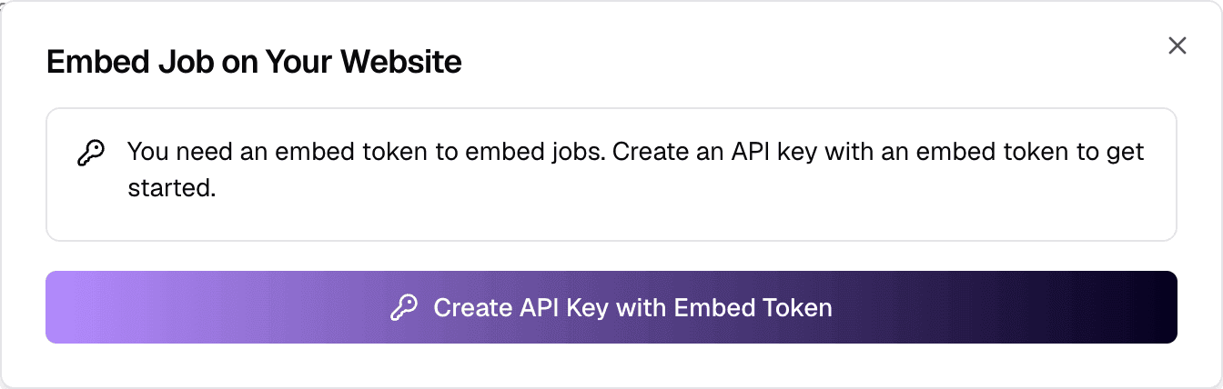 The Embed Job on Your Website dialog