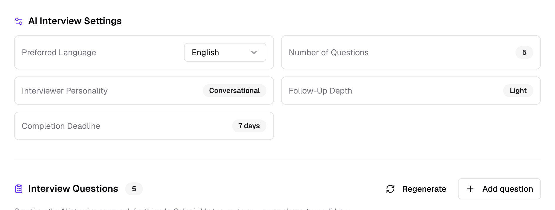 AI Interview Settings and Interview Questions on the Job Details tab