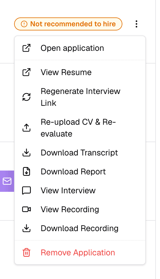The actions menu for one applicant