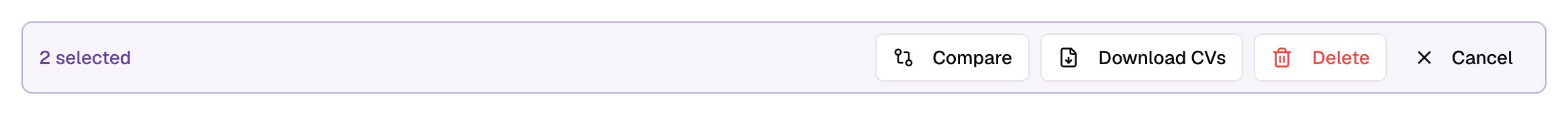 The selection bar with Compare, Download CVs and Delete