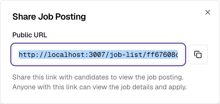 The Share Job Posting dialog with the public URL