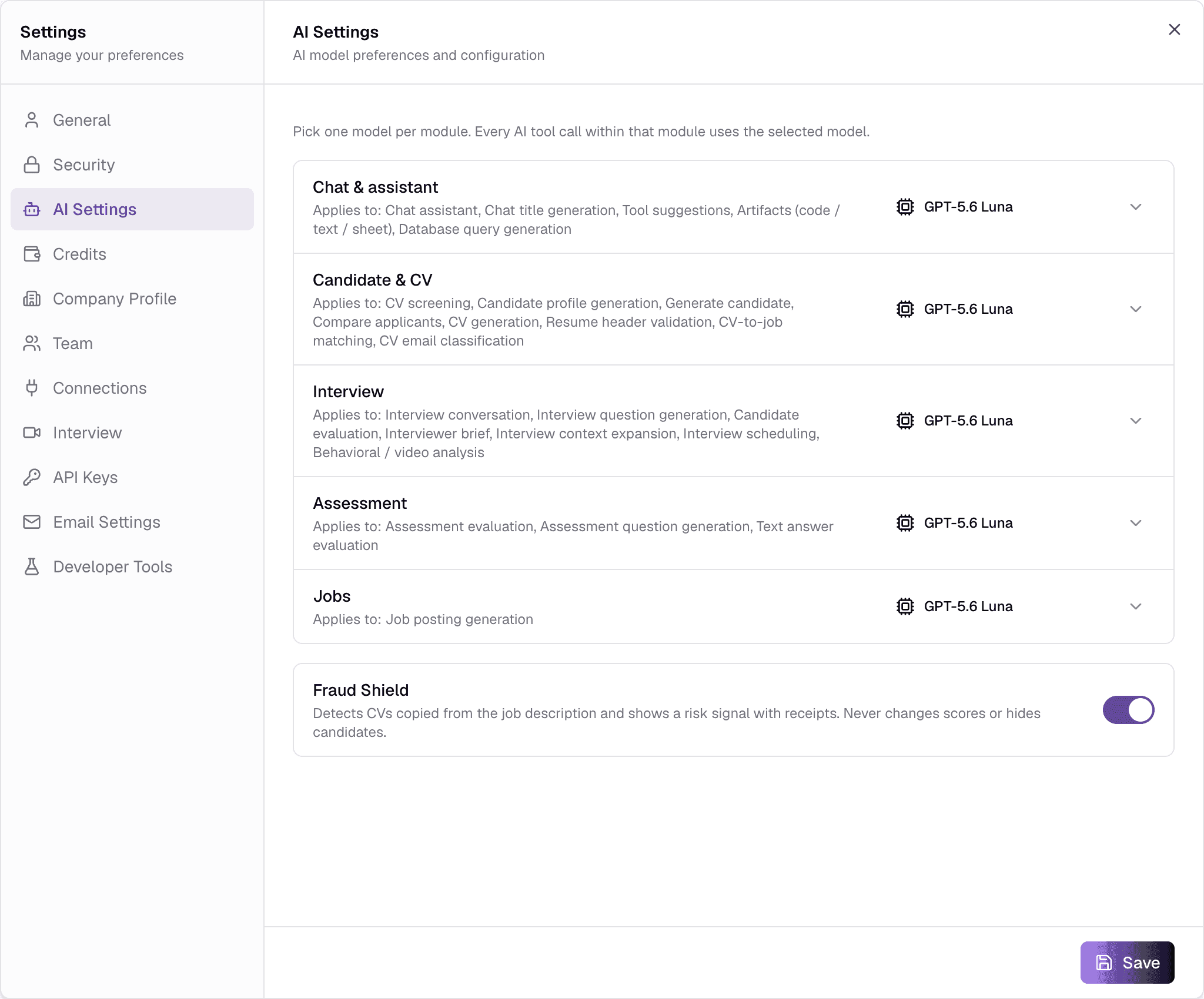 The AI Settings tab