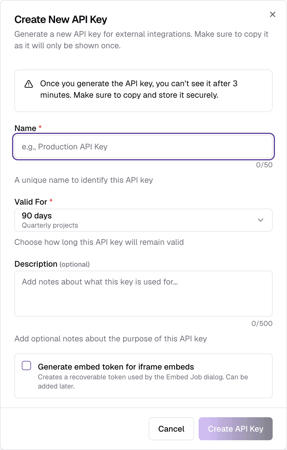 The Create New API Key form