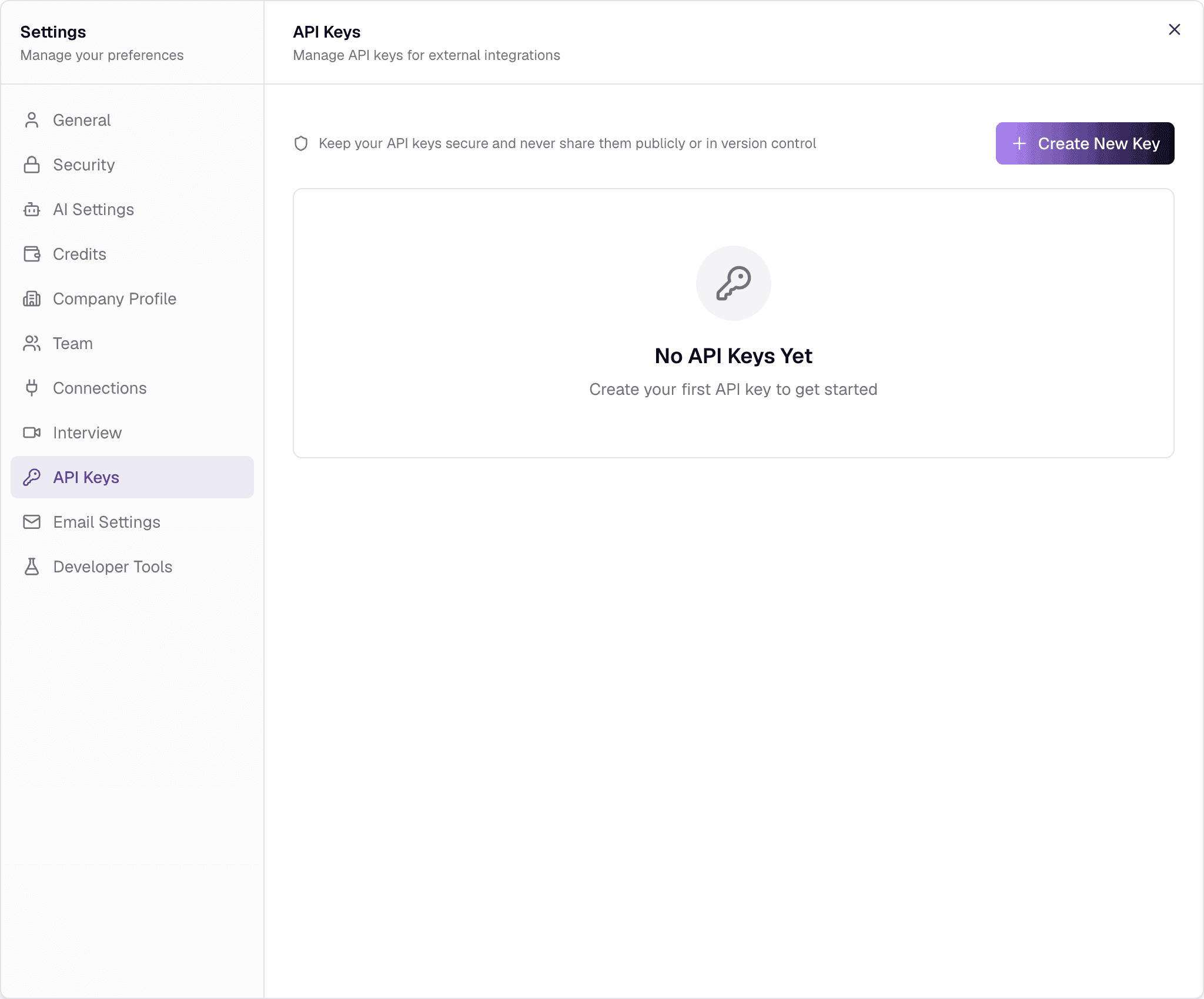 The API Keys tab