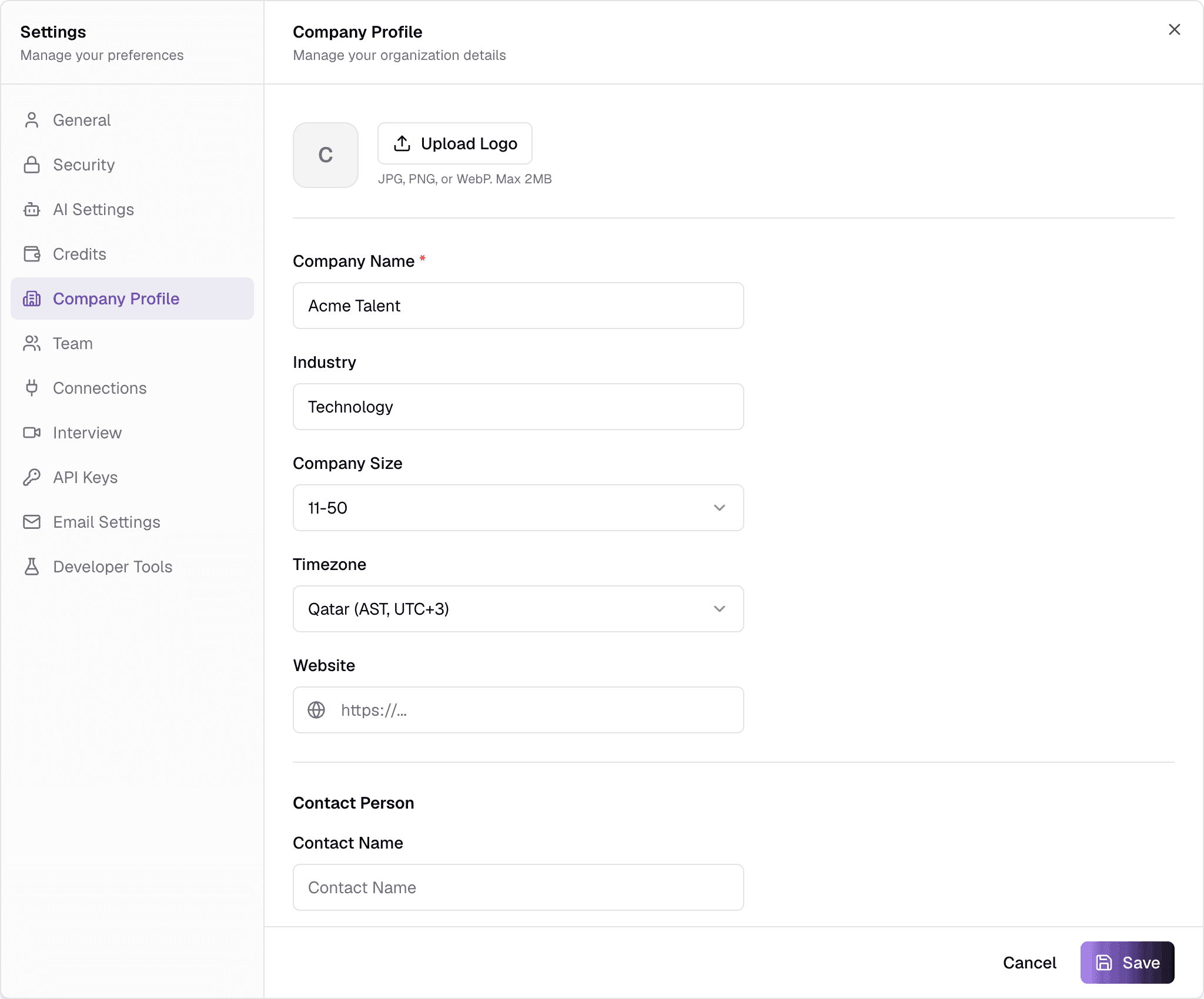 The Company Profile tab in edit mode