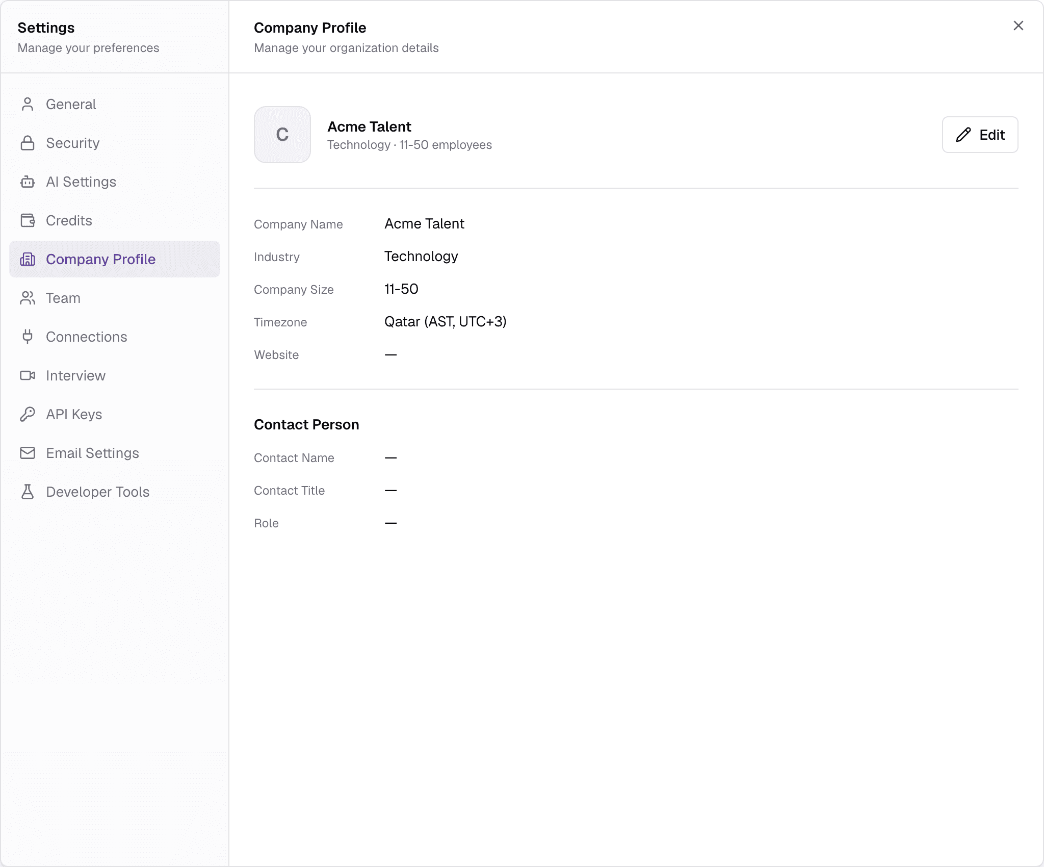 The Company Profile tab