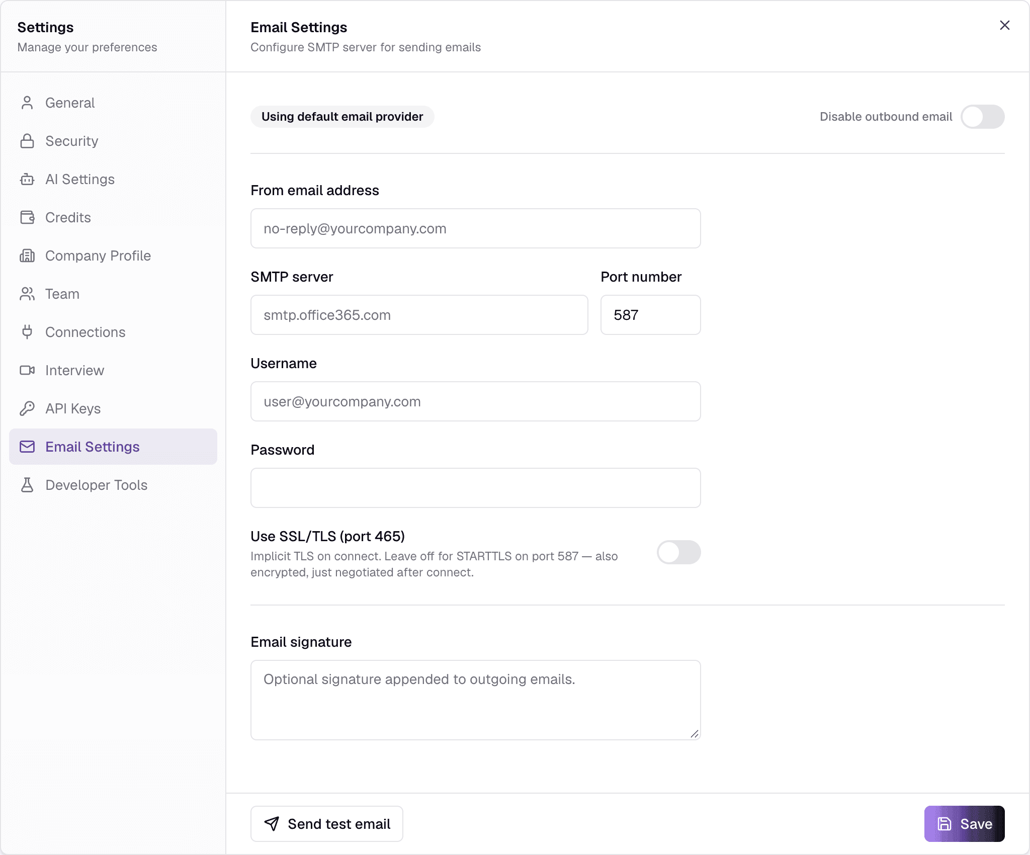 The Email Settings tab