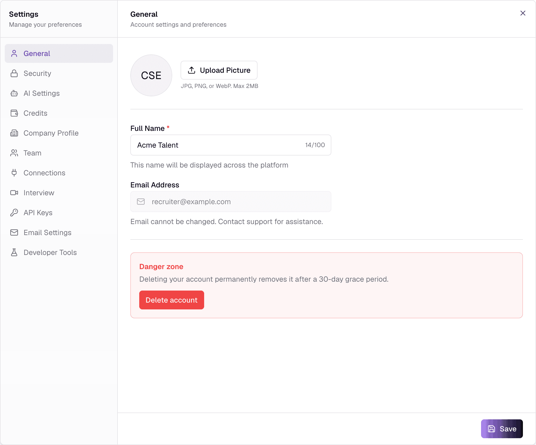 The Settings window open on the General tab