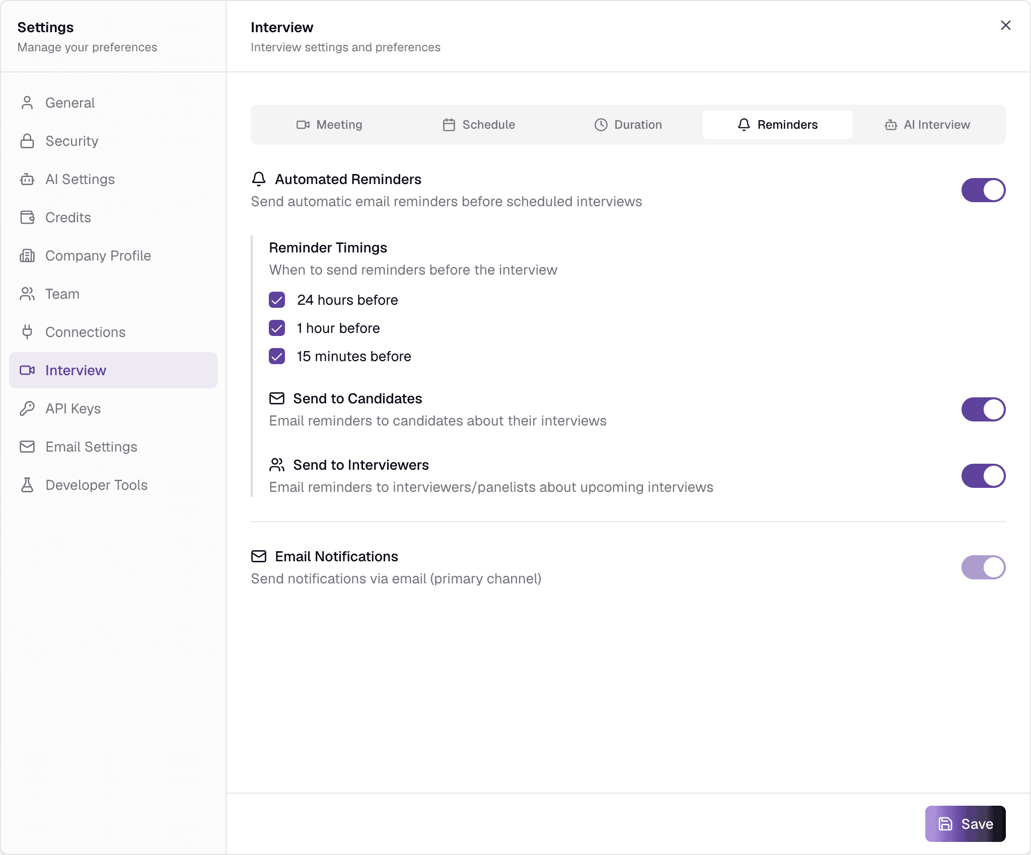 Interview settings — Reminders
