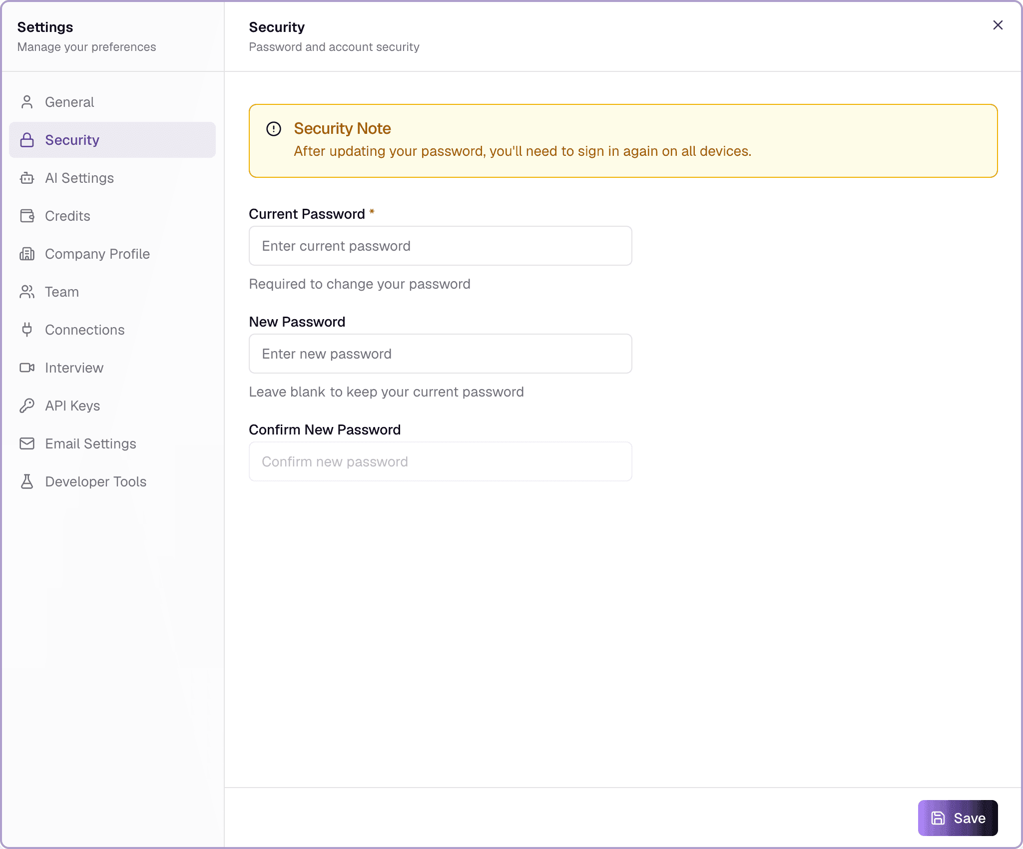 The Security settings tab