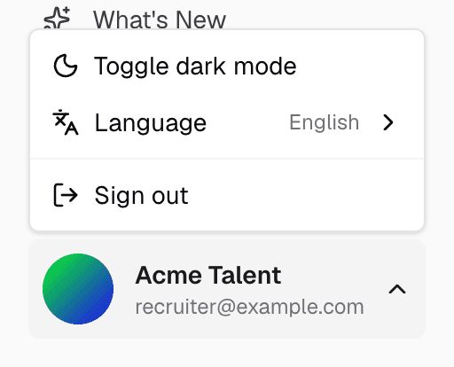 The user menu with dark mode, language and sign out