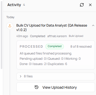 Activity panel — View Upload History