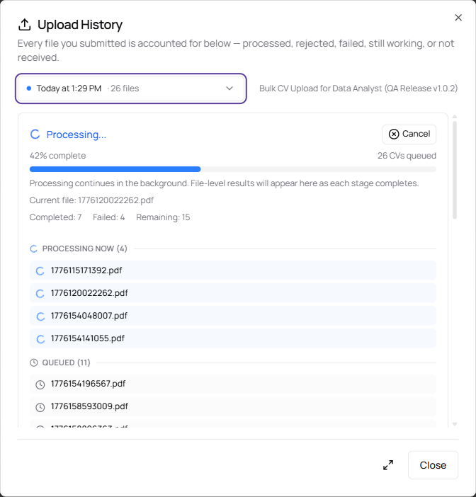 Upload History — live during processing