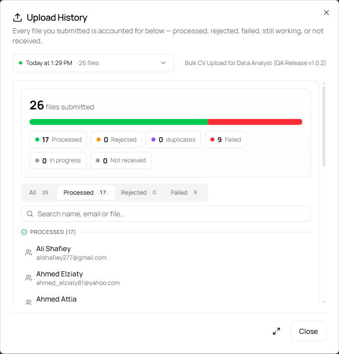 Upload History — reconciled counts and file filter