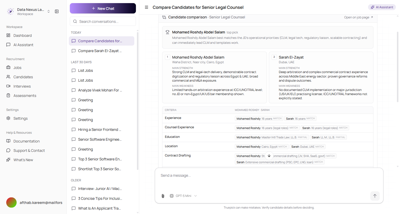 Candidate comparison in chat