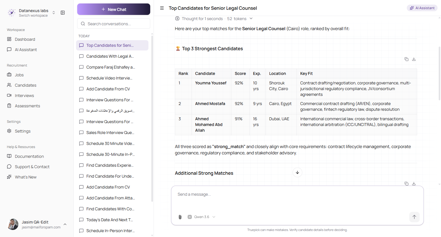 Candidate matching for a job in chat