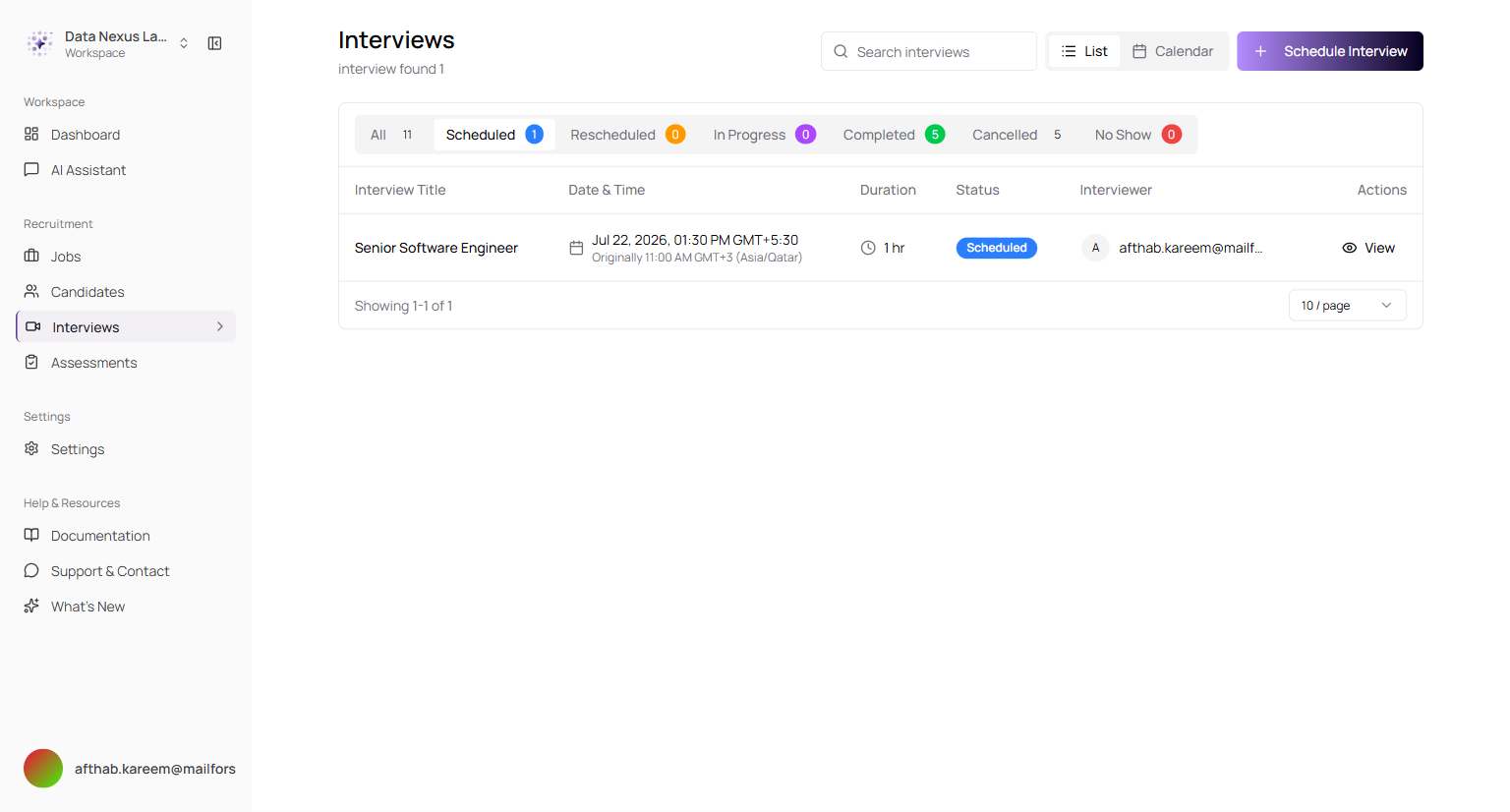 The booked interview in the Interviews list