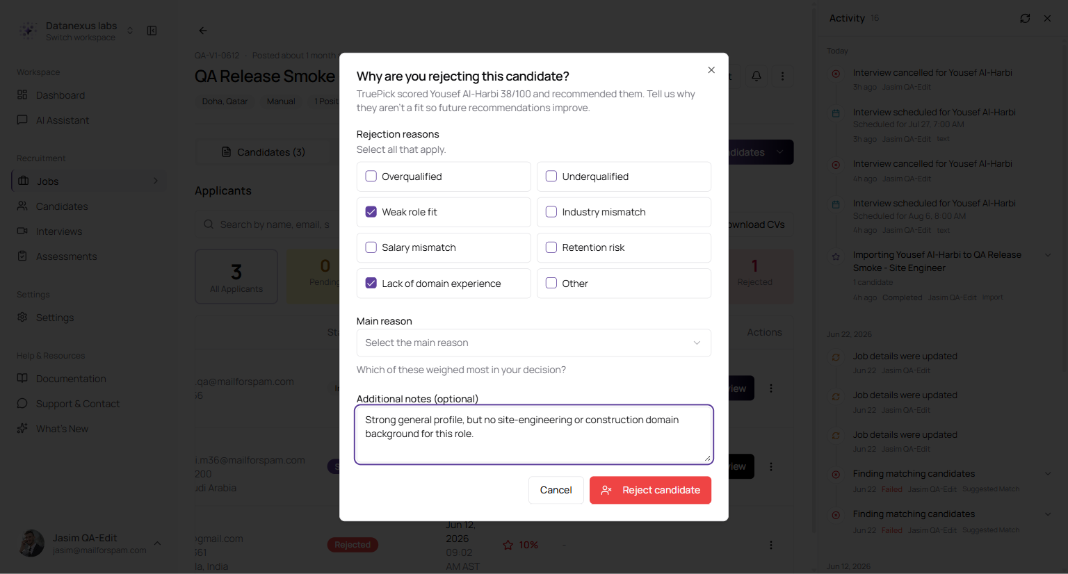 Rejection feedback dialog with reasons