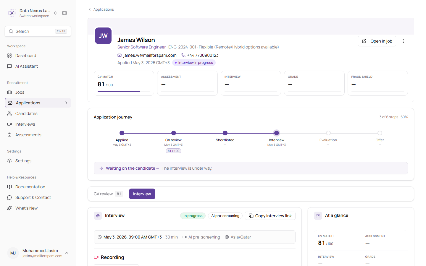 The Interview tab on an application