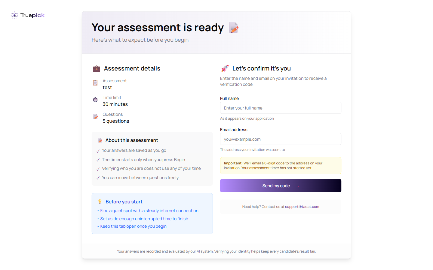 The assessment link asking the candidate to confirm who they are