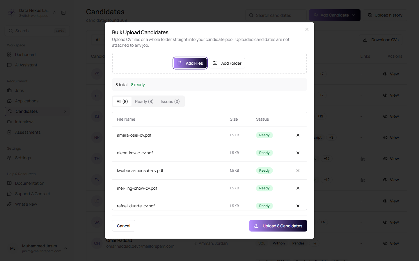 The bulk upload dialog